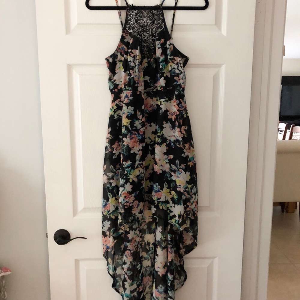 High-Low Floral Dress with Lace Detail